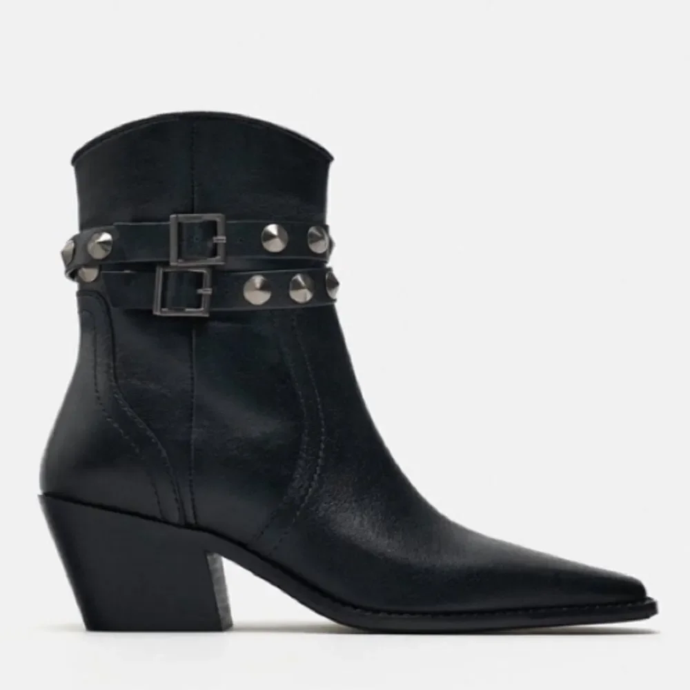 Zara Black Leather Strap Cowboy Comfortable Block Heel Ankle Boots